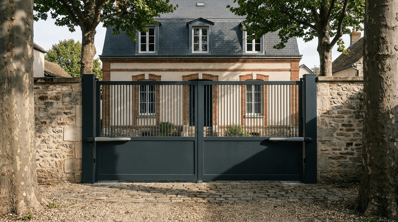 Portail acier S235JR battant 2 vantaux motorisé Came BX-241 RAL 7016 anthracite — Auffargis (Yvelines) — AZ Construction Bruyères-sur-Oise — EN 13241