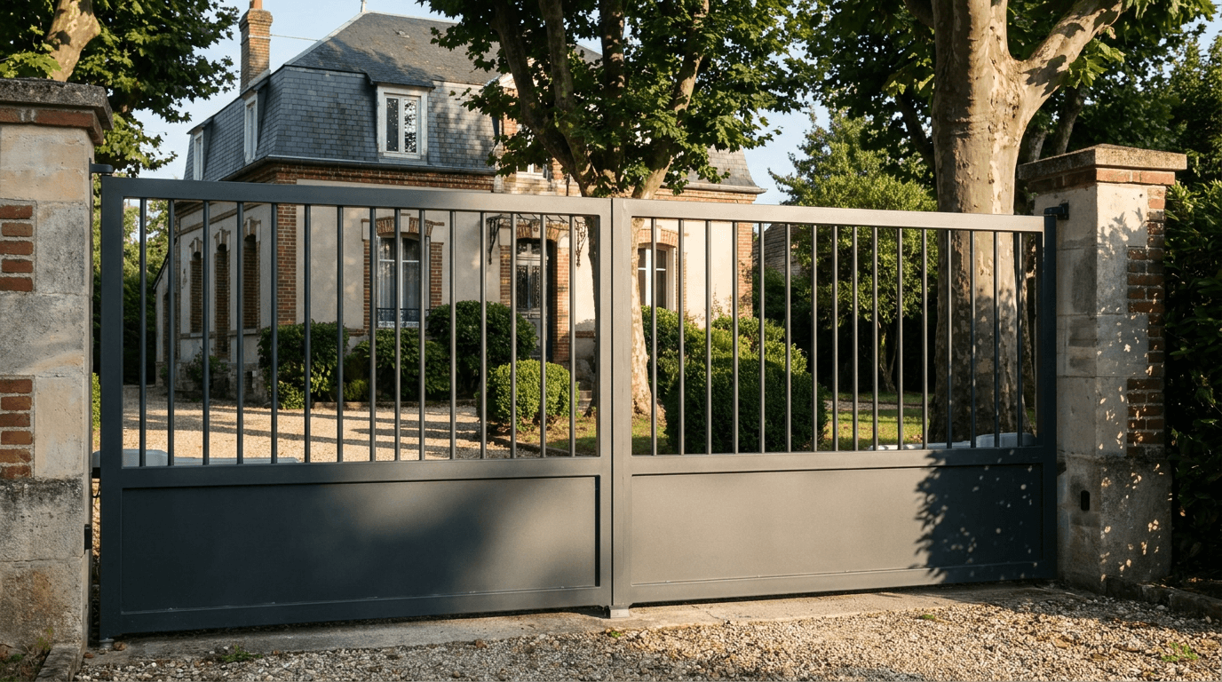 Portail acier S235JR battant 2 vantaux motorisé Came BX-241 RAL 7016 anthracite — Bréval (Yvelines) — AZ Construction Bruyères-sur-Oise — EN 13241