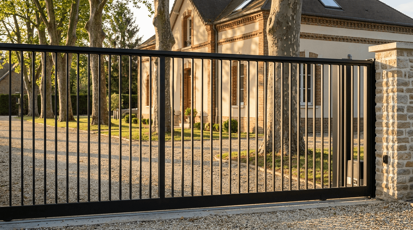 Portail acier S235JR coulissant motorisé Came BX-241 RAL 9005 noir — Buc (Yvelines) — AZ Construction Bruyères-sur-Oise — EN 13241