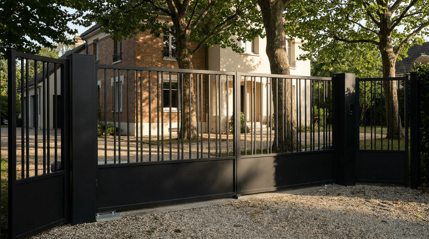 Portail acier S235JR battant 2 vantaux motorisé Came BX-241 RAL 9005 noir — Chambourcy (Yvelines) — AZ Construction Bruyères-sur-Oise — EN 13241