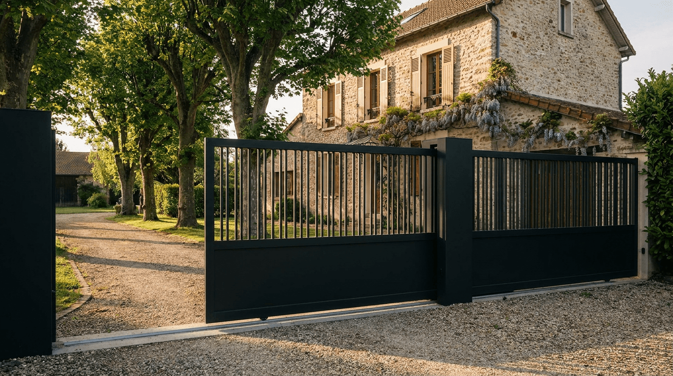 Portail acier S235JR coulissant motorisé Came BX-241 RAL 9005 noir — Chanteloup-les-Vignes (Yvelines) — AZ Construction Bruyères-sur-Oise — EN 13241