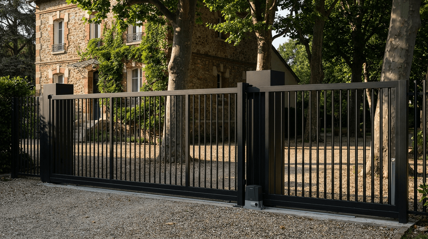 Portail acier S235JR coulissant motorisé Came BX-241 RAL 9005 noir — Coignières (Yvelines) — AZ Construction Bruyères-sur-Oise — EN 13241
