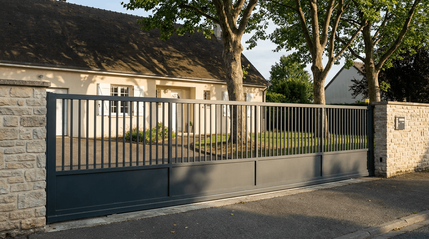 Portail acier S235JR coulissant motorisé Came BX-241 RAL 7016 anthracite — Crespières (Yvelines) — AZ Construction Bruyères-sur-Oise — EN 13241