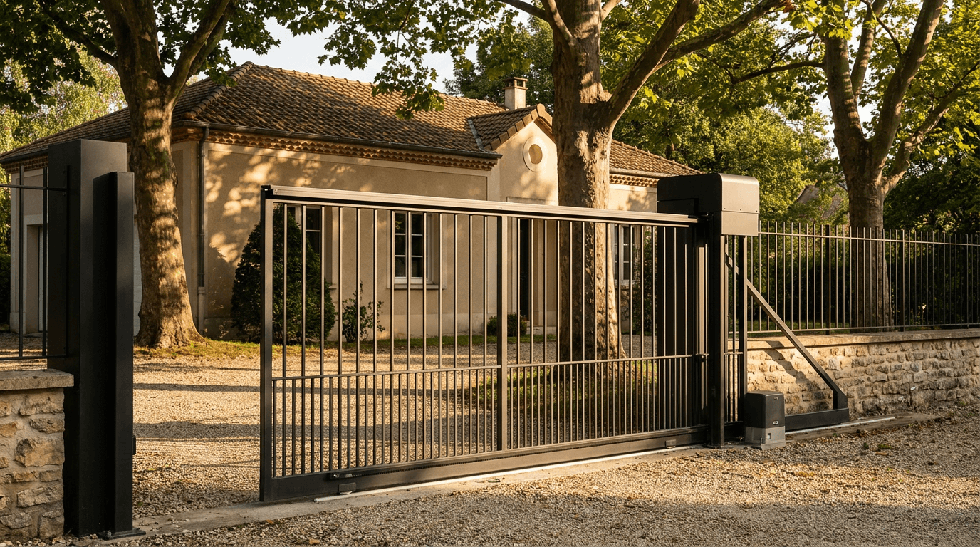 Portail acier S235JR coulissant motorisé Came BX-241 RAL 9005 noir — Drocourt (Yvelines) — AZ Construction Bruyères-sur-Oise — EN 13241