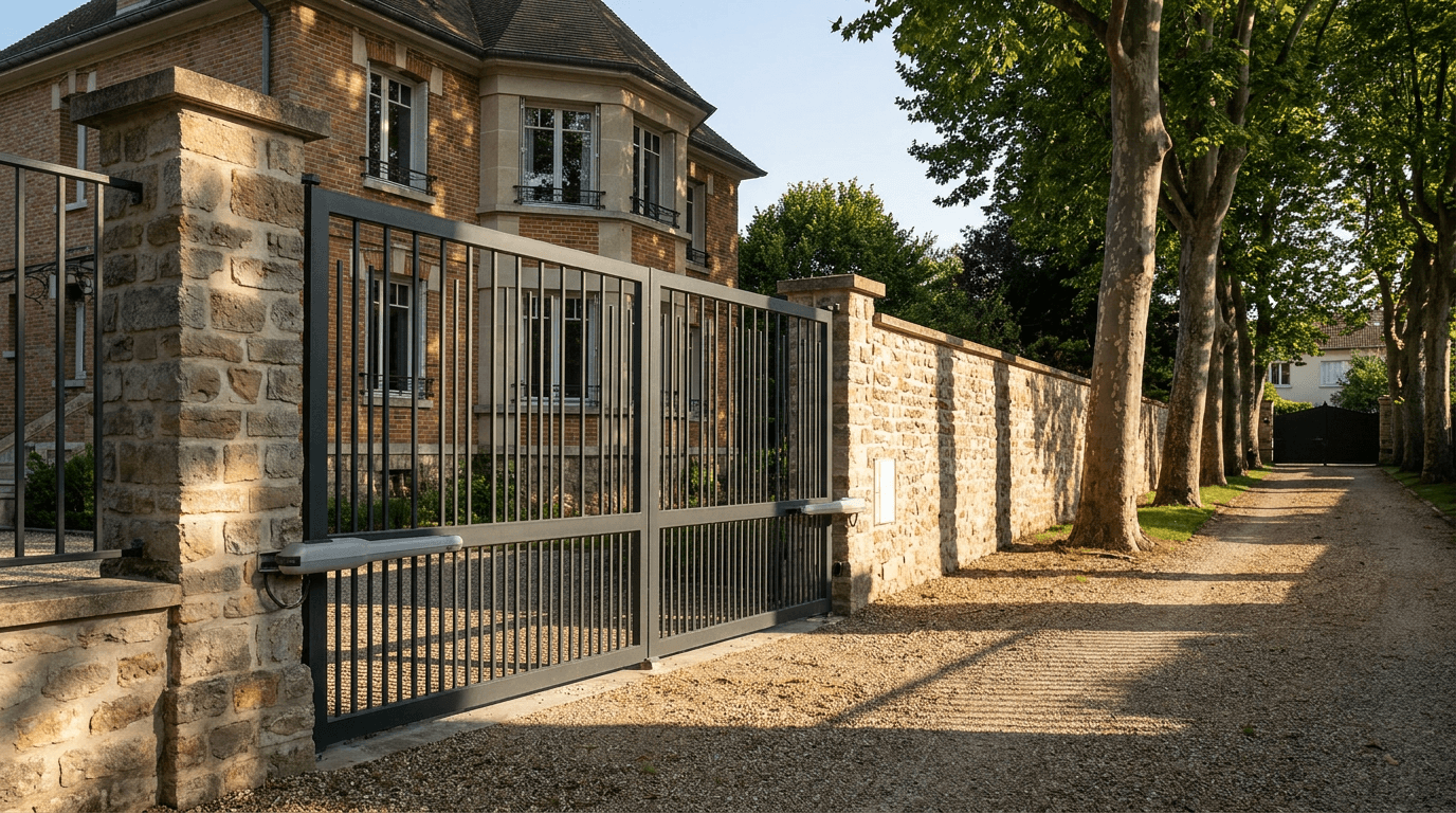 Portail acier S235JR battant 2 vantaux motorisé Came BX-241 RAL 7016 anthracite — Ecquevilly (Yvelines) — AZ Construction Bruyères-sur-Oise — EN 13241