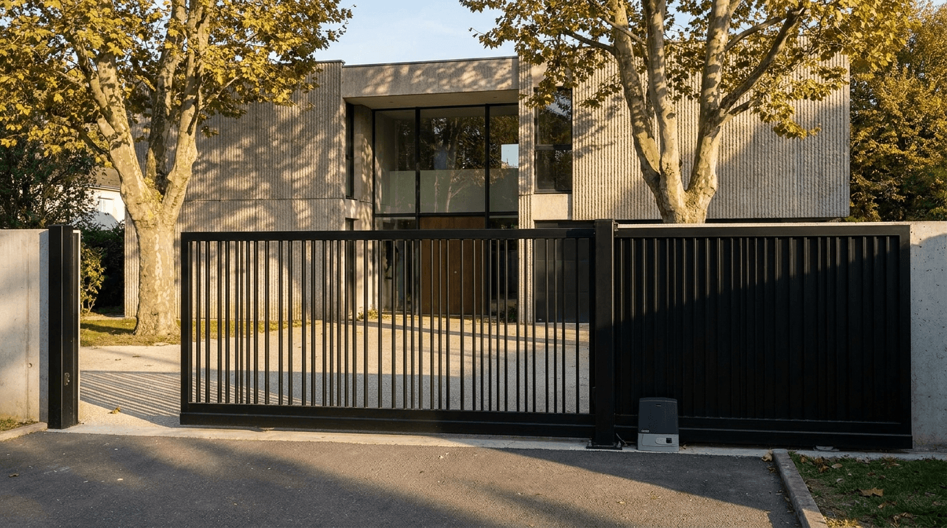 Portail acier S235JR coulissant motorisé Came BX-241 RAL 9005 noir — Élancourt (Yvelines) — AZ Construction Bruyères-sur-Oise — EN 13241