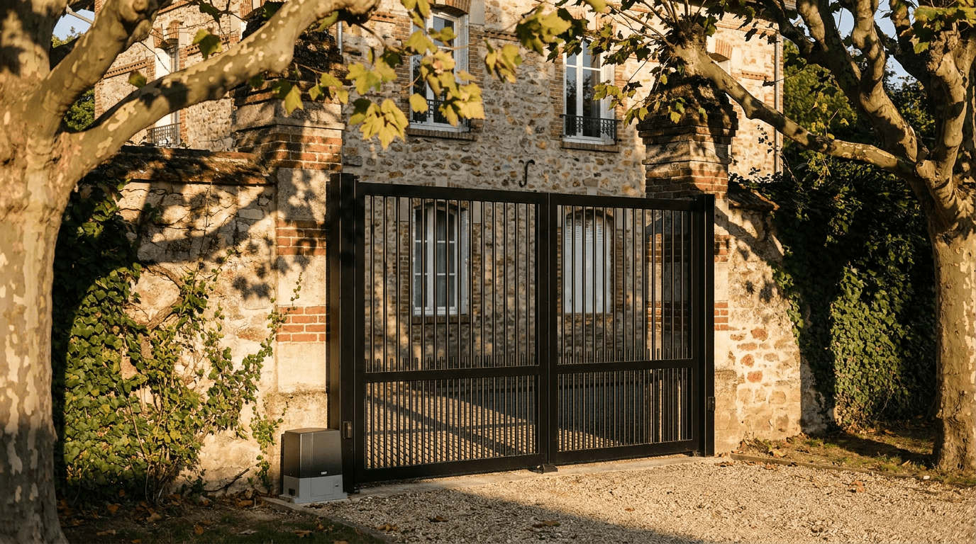 Portail acier S235JR battant 2 vantaux motorisé Came BX-241 RAL 9005 noir — Épône (Yvelines) — AZ Construction Bruyères-sur-Oise — EN 13241