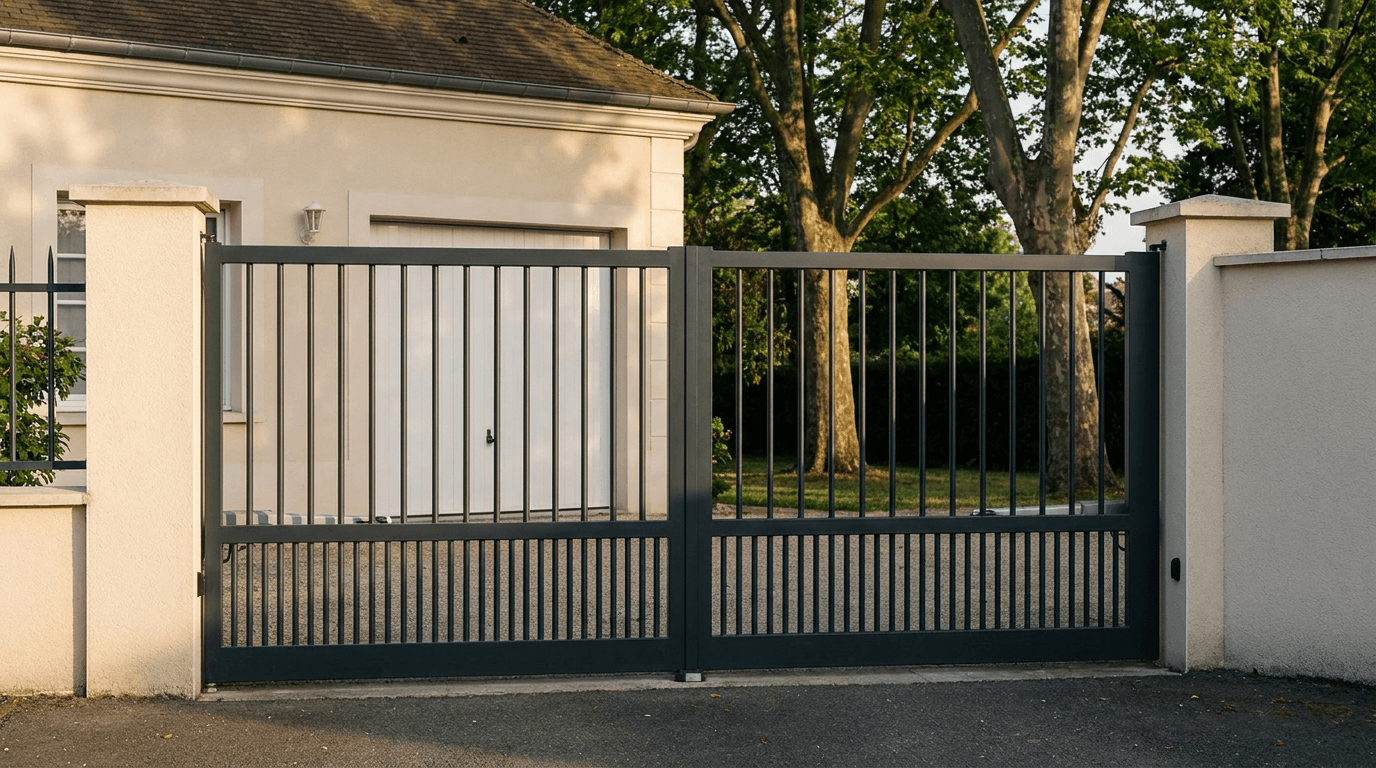 Portail acier S235JR battant 2 vantaux motorisé Came BX-241 RAL 7016 anthracite — Flins-sur-Seine (Yvelines) — AZ Construction Bruyères-sur-Oise — EN 13241