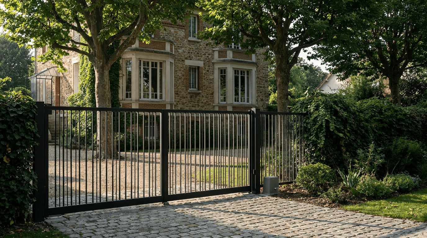 Portail acier S235JR battant 2 vantaux motorisé Came BX-241 RAL 9005 noir — Follainville-Dennemont (Yvelines) — AZ Construction Bruyères-sur-Oise — EN 13241