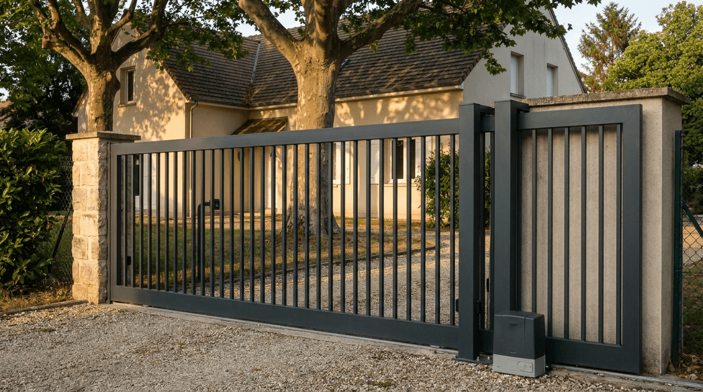 Portail acier S235JR coulissant motorisé Came BX-241 RAL 7016 anthracite — Garancières (Yvelines) — AZ Construction Bruyères-sur-Oise — EN 13241