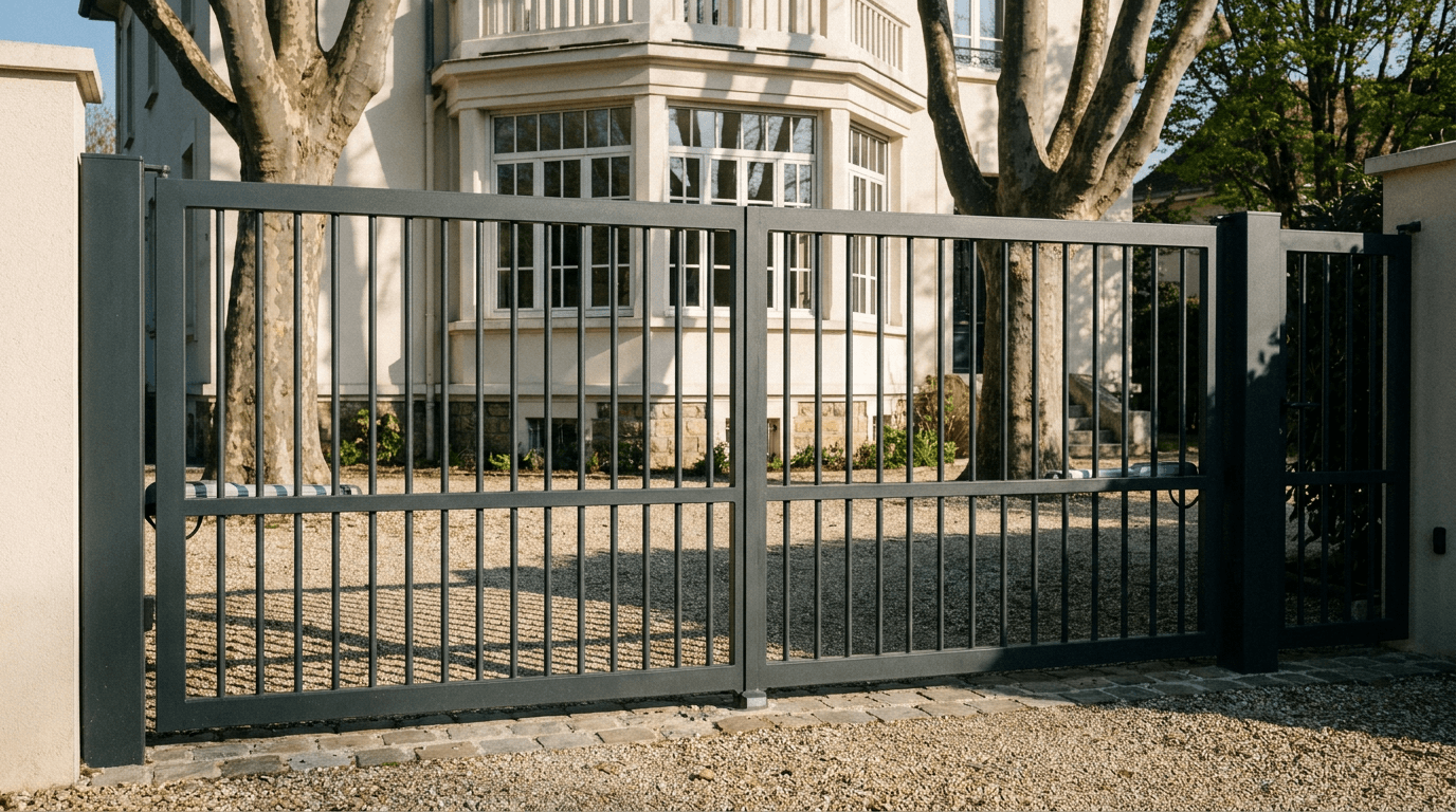 Portail acier S235JR battant 2 vantaux motorisé Came BX-241 RAL 7016 anthracite — Hardricourt (Yvelines) — AZ Construction Bruyères-sur-Oise — EN 13241
