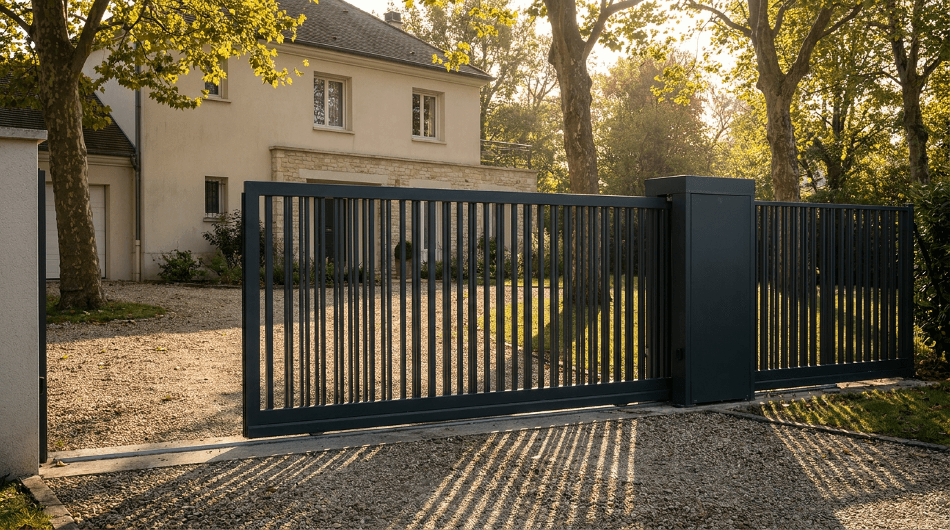 Portail acier S235JR coulissant motorisé Came BX-241 RAL 7016 anthracite — Issou (Yvelines) — AZ Construction Bruyères-sur-Oise — EN 13241