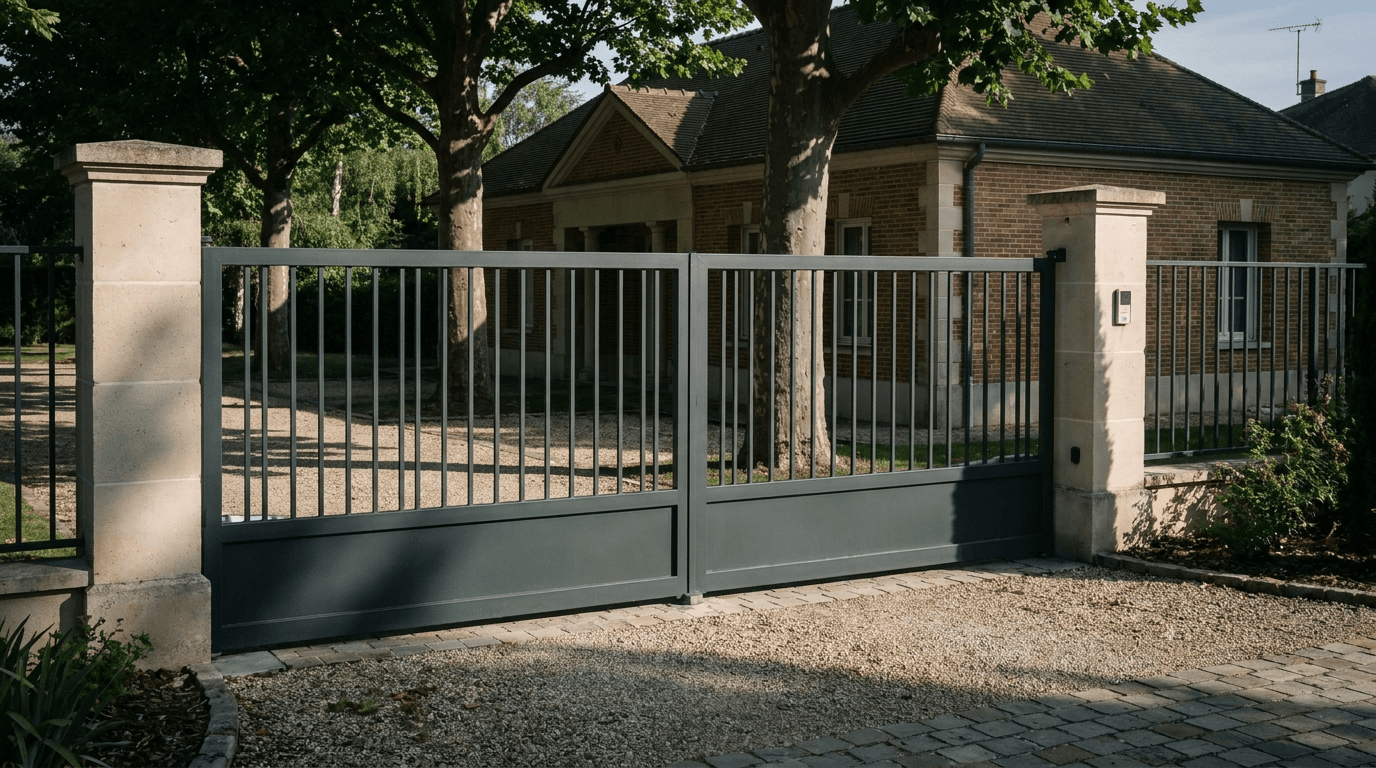 Portail acier S235JR battant 2 vantaux motorisé Came BX-241 RAL 7016 anthracite — Montigny-le-Bretonneux (Yvelines) — AZ Construction Bruyères-sur-Oise — EN 13241