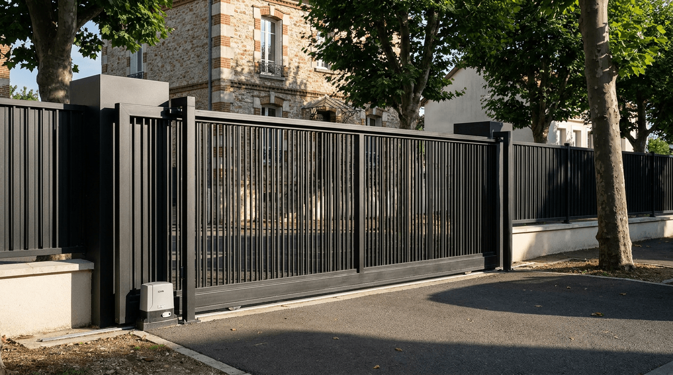 Portail acier S235JR coulissant motorisé Came BX-241 RAL 9005 noir — Gressey centre (Yvelines) — AZ Construction Bruyères-sur-Oise — EN 13241