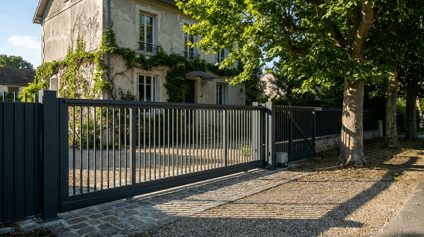 Portail acier S235JR coulissant motorisé Came BX-241 RAL 7016 anthracite — Boissettes (Seine-et-Marne) — AZ Construction Bruyères-sur-Oise — EN 13241
