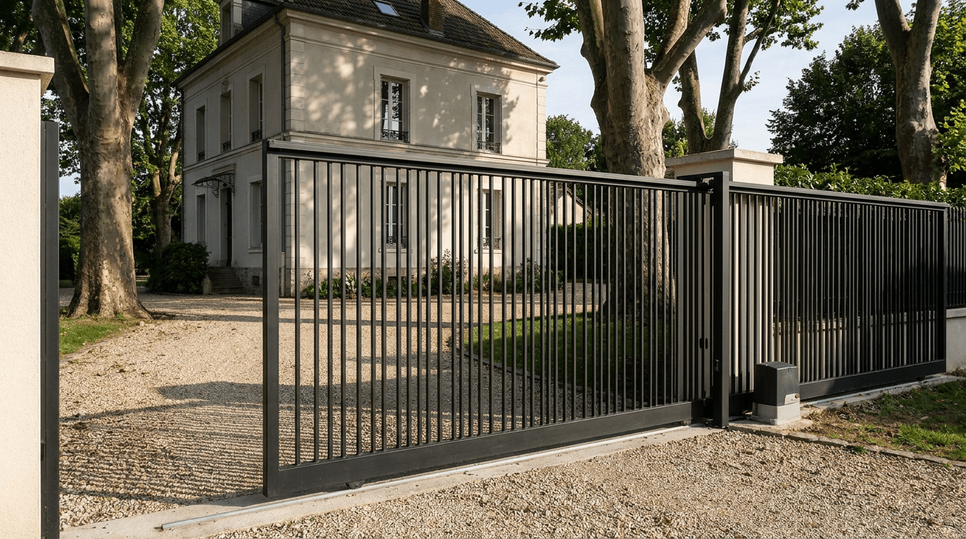 Portail acier S235JR coulissant motorisé Came BX-241 RAL 9005 noir — Champeaux (Seine-et-Marne) — AZ Construction Bruyères-sur-Oise — EN 13241