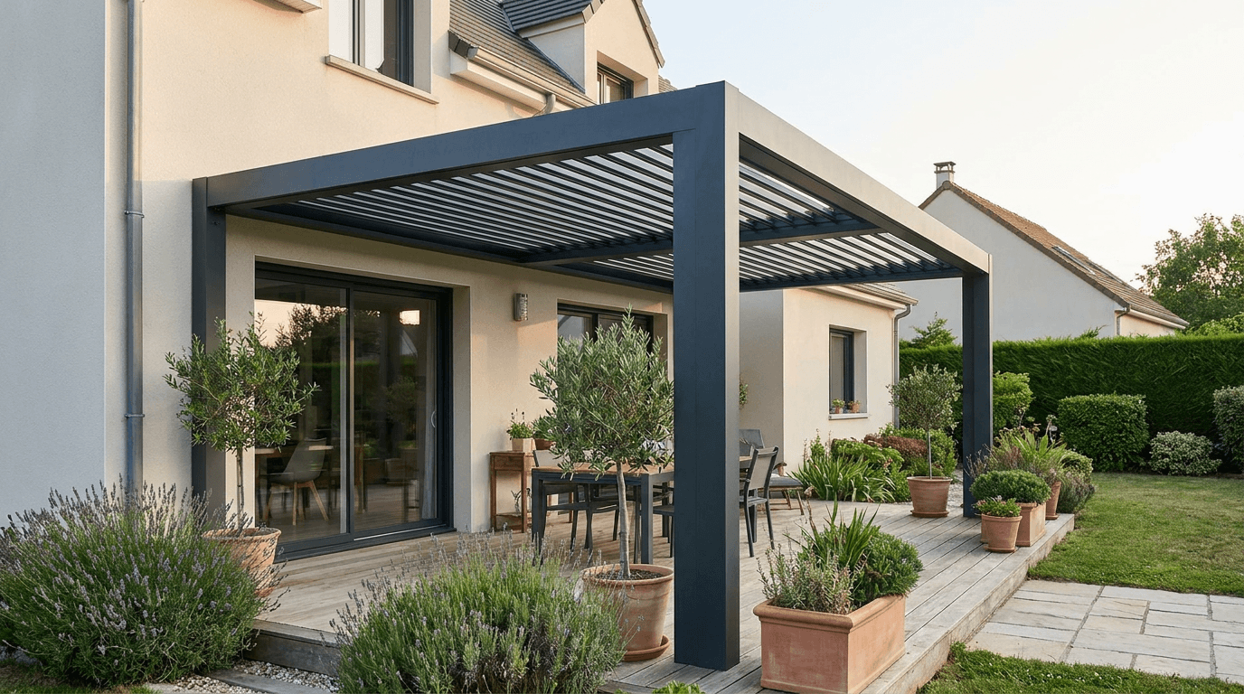 Pergola bioclimatique aluminium à lames orientables anthracite adossée à une maison avec terrasse soignée — AZ Construction