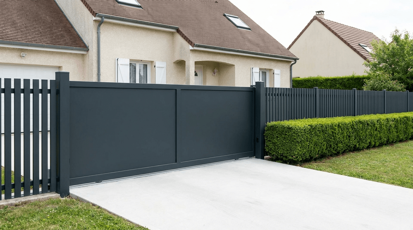 Clôture et portail aluminium à lames verticales, finition anthracite RAL 7016 thermolaqué, devant une maison — AZ Construction