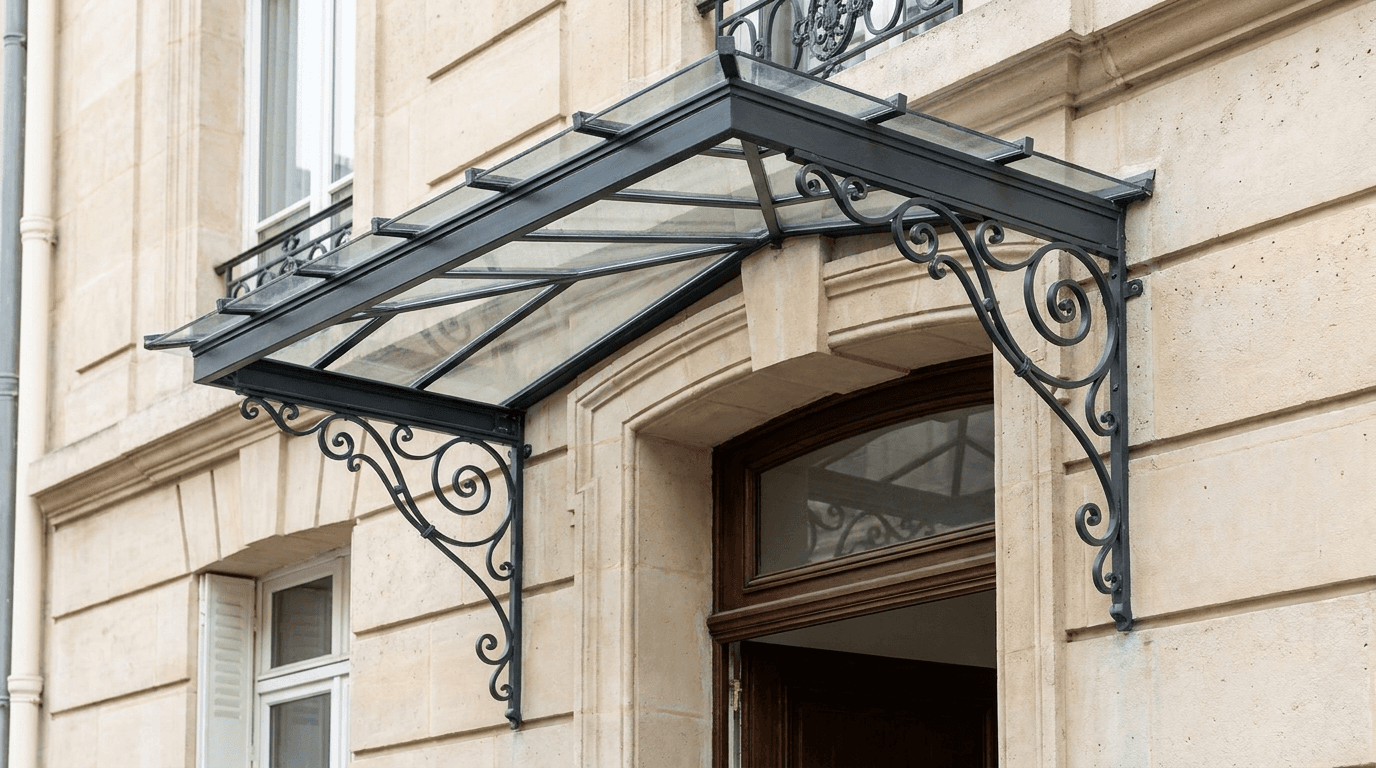 Marquise en acier et verre au-dessus d'une porte d'entrée, consoles en ferronnerie à volutes, verre feuilleté — fabrication AZ Construction